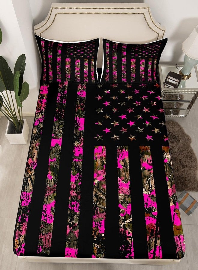 Feelyou Hot Pink Camouflage Bed Sheet Set Boys Girls Queen Size Camo Wild Fitted Sheet for Kids Women Men Wild Hunting Bedding Set Military Style Bed Cover Room Decor - Image 3