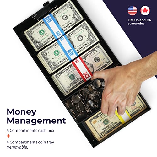 Volcora Cash Box Money Organizer - 15” x 7.5” x 4” Cashbox 5 Compartments Drawer Tray - Bills and Coin Slot with Combination Lock for POS Register, Kiosk, Retail, Personal and Business Use, Black - Image 3