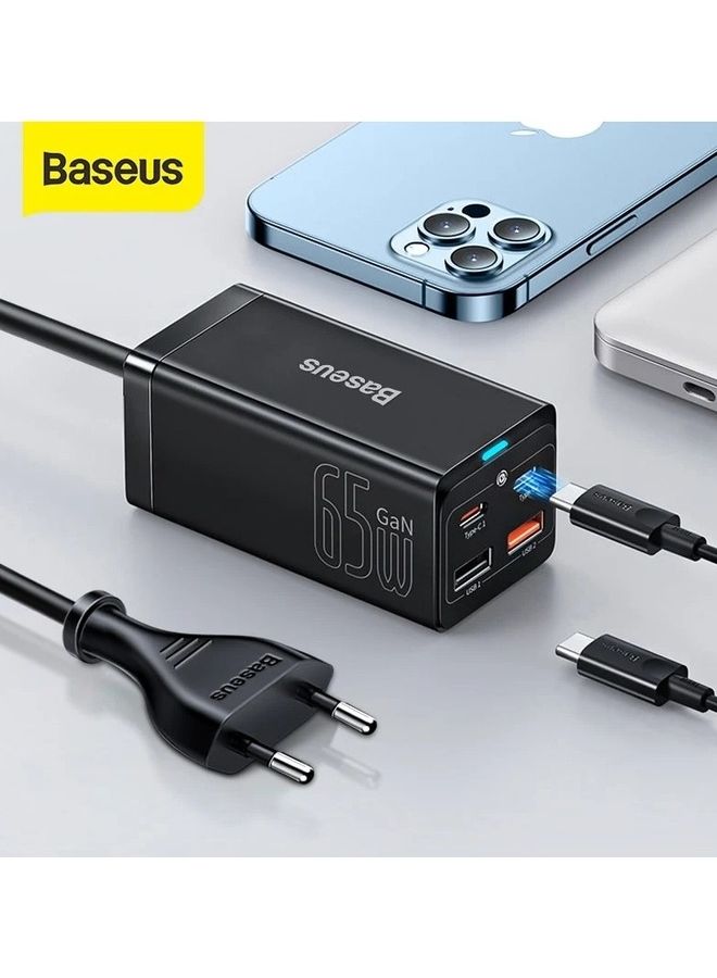 بيسوس شاحن جداري سريع GaN3 بمقبس USB C بقدرة 65 وات وتقنية PD وبـ 4 منافذ [منفذين USB-C + منفذين USB] يصلح كقاعدة شحن ومزود بكابل تيار متردد بطول 3.3 أقدام مناسب لأجهزة اللابتوب ذات منفذ USB-C وجهاز ماك بوك برو/ آير، وهاتف آيفون 13/ 12، وجهاز آي باد برو، وأجهزة سامسونج جالاكسي وما إلى ذلك أسود - Image 3