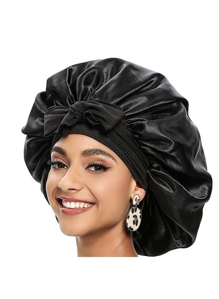 بونيت ساتان للنساء، بونيت حرير عملاق للشعر المجعد، لفافة شعر حرير للنوم، بونيت ساتان مع حزام مرن، بونيت حرير للفافات الشعر المجعد للنوم (أسود) - Image 1