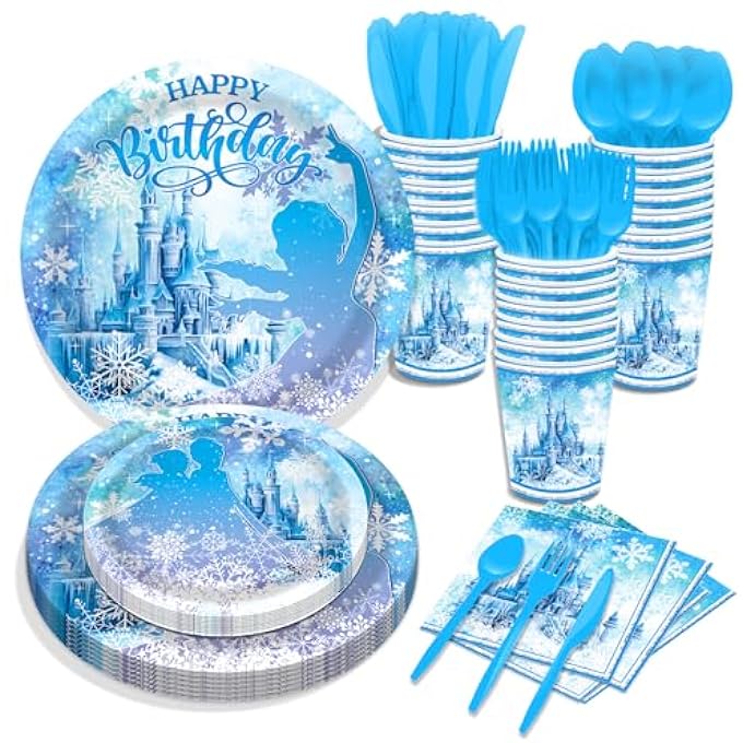 73Hours FROZEN BIRTHDAY PARTY SUPPLIES, FROZEN THEMED PARTY DECORATIONS, DISPOSABLE TABLEWARE SET FOR CHRISTMAS WINTER BABY SHOWER BIRTHDAY DECORATIONS | 16 GUESTS - Image 2
