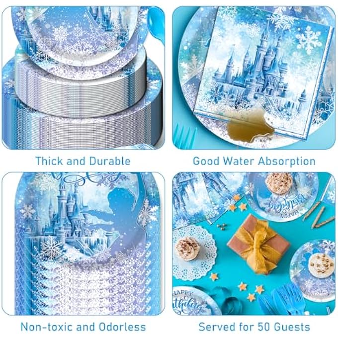73Hours FROZEN BIRTHDAY PARTY SUPPLIES, FROZEN THEMED PARTY DECORATIONS, DISPOSABLE TABLEWARE SET FOR CHRISTMAS WINTER BABY SHOWER BIRTHDAY DECORATIONS | 16 GUESTS - Image 4