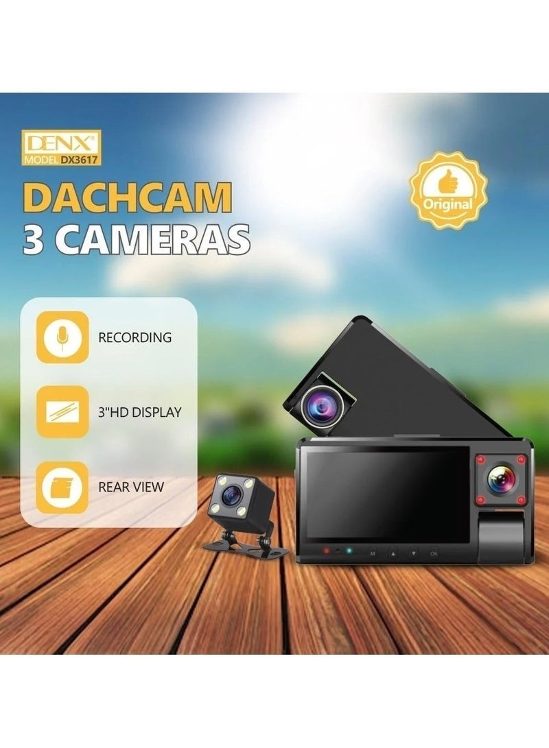 دينكس كاميرا لوحة القيادة للسيارة (أمامية، خلفية، داخلية)، 3 كاميرات، تسجيل عالي الدقة بالكامل، شاشة عالية الدقة مقاس 3 بوصات، مستشعر تسارع، رؤية ليلية - Image 2