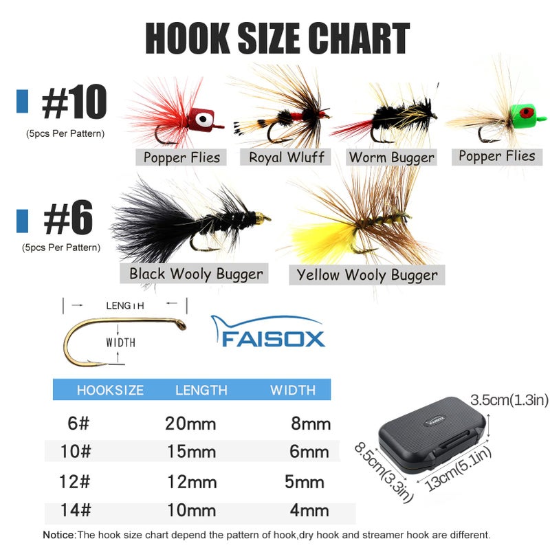 FAISOX Fly Fishing Flies Assortment Kit Dry Wet Nyphms Tenkara Popper Streamer Woolly Bugger for Trout Bass Salmon Steelhead with Fly Box (100PCS Fishing Flies Kit) - Image 4