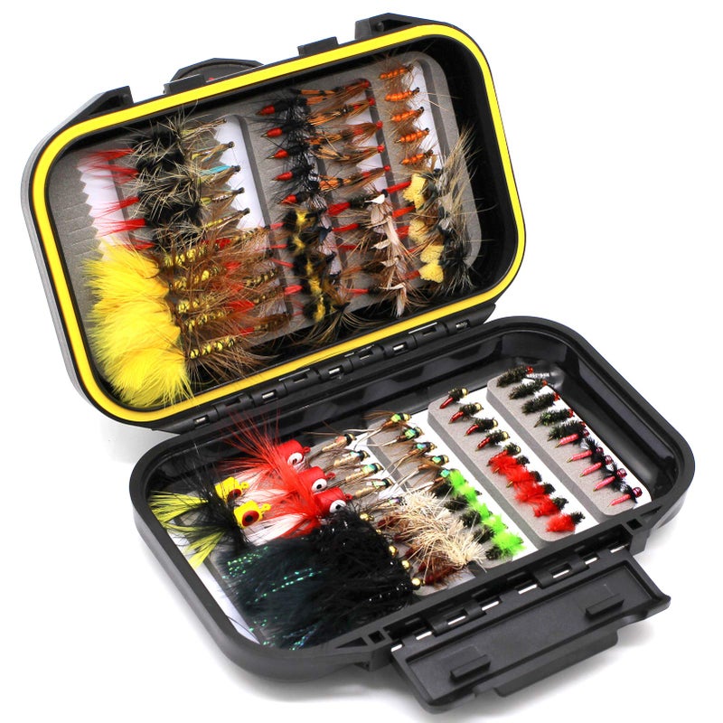 FAISOX Fly Fishing Flies Assortment Kit Dry Wet Nyphms Tenkara Popper Streamer Woolly Bugger for Trout Bass Salmon Steelhead with Fly Box (100PCS Fishing Flies Kit) - Image 1