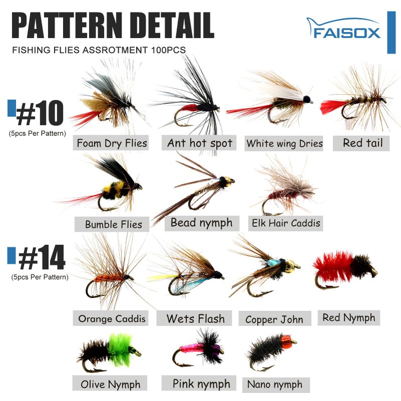 FAISOX Fly Fishing Flies Assortment Kit Dry Wet Nyphms Tenkara Popper Streamer Woolly Bugger for Trout Bass Salmon Steelhead with Fly Box (100PCS Fishing Flies Kit) - Image 3