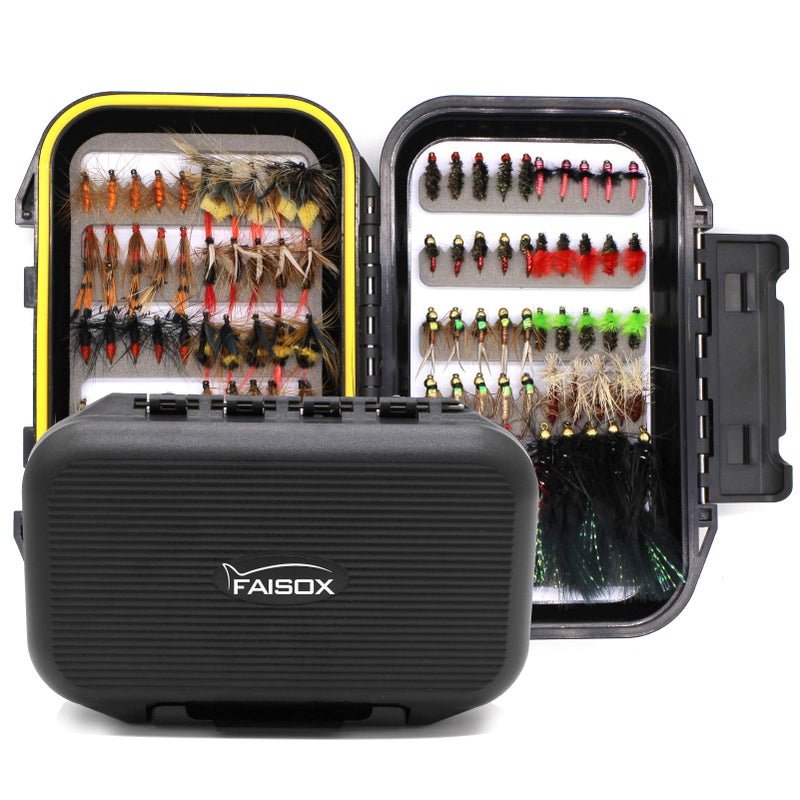 FAISOX Fly Fishing Flies Assortment Kit Dry Wet Nyphms Tenkara Popper Streamer Woolly Bugger for Trout Bass Salmon Steelhead with Fly Box (100PCS Fishing Flies Kit) - Image 2