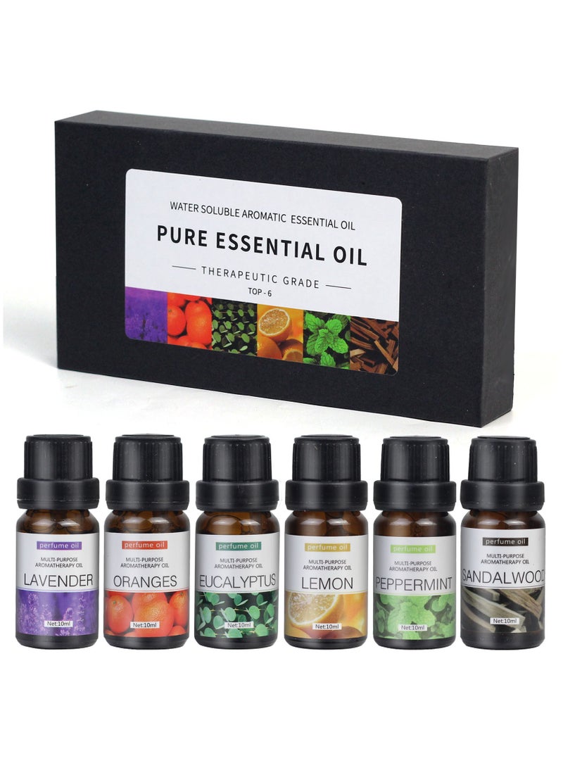6 pieces of 10 mL essential oils for water-soluble aromatherapy Sandalwood, Sweet Orange, Lavender, Eucalyptus, Lemon, and Mint essential oils Humidifier and Aroma Diffuser Oil for Aromather - Image 1