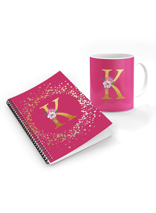 Stylizedd Printed Coffee Mug + A5 Spiral Notebook Memo Personalised Combo Gift Set Custom Monogram Initial Letter Floral Pattern Alphabet -  K (Pink Rose)