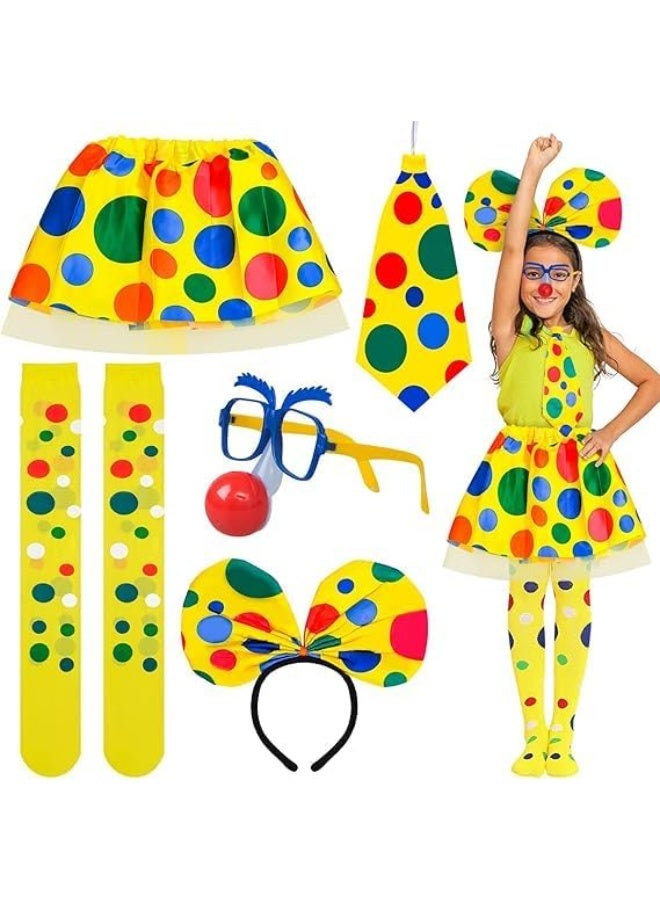 NajmStyle Clown Costume Kit - 5 Pieces Rainbow Headband, Tutu Skirt, Tie, Glasses, and Polka Dot Knee High Stocking for Parties, Carnivals, Pretend Play, and Cosplay - Image 1