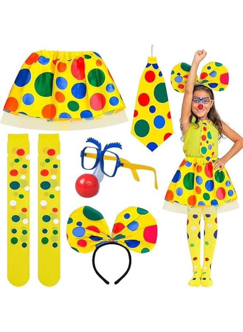 NajmStyle Clown Costume Kit - 5 Pieces Rainbow Headband, Tutu Skirt, Tie, Glasses, and Polka Dot Knee High Stocking for Parties, Carnivals, Pretend Play, and Cosplay - Image 2