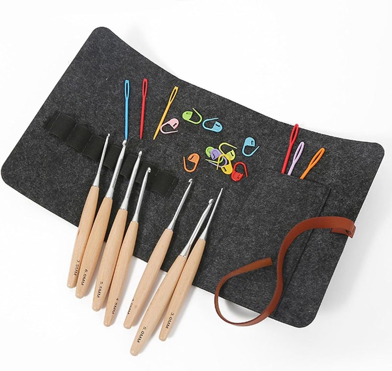 YWLUUOO 7Pieces Crochet Hooks Set Wooden Handle for Beginners, Ergonomic Hooks Needle Knitting Marker with Storage Bag Set for Crocheting Yarn - Image 4