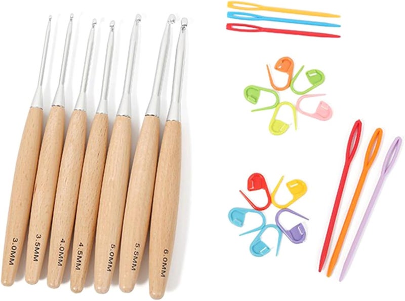 YWLUUOO 7Pieces Crochet Hooks Set Wooden Handle for Beginners, Ergonomic Hooks Needle Knitting Marker with Storage Bag Set for Crocheting Yarn - Image 3