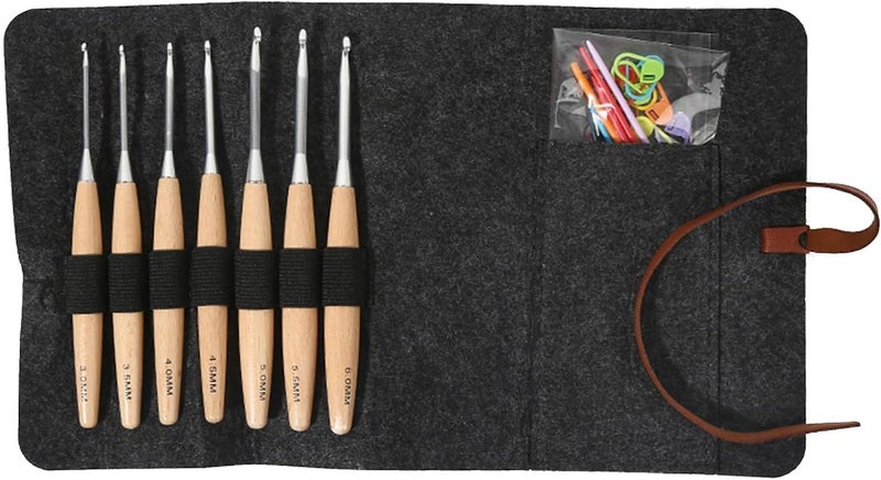 YWLUUOO 7Pieces Crochet Hooks Set Wooden Handle for Beginners, Ergonomic Hooks Needle Knitting Marker with Storage Bag Set for Crocheting Yarn - Image 1
