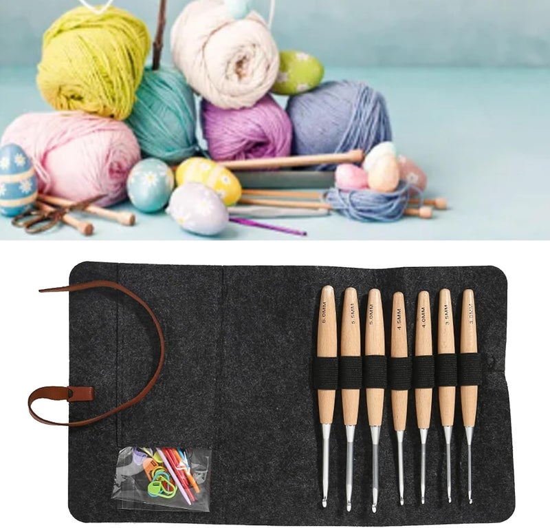 YWLUUOO 7Pieces Crochet Hooks Set Wooden Handle for Beginners, Ergonomic Hooks Needle Knitting Marker with Storage Bag Set for Crocheting Yarn - Image 2