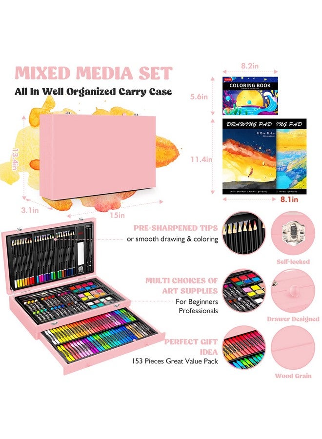 Caliart Art Supplies Aesthetic Cute Preppy Stuff School Supplies 153Pack Deluxe Wooden Art Set Crafts Drawing Painting Coloring Supplies Kit With 2 A4 Sketch Pads Mothers Day Gift For Mom - Image 3