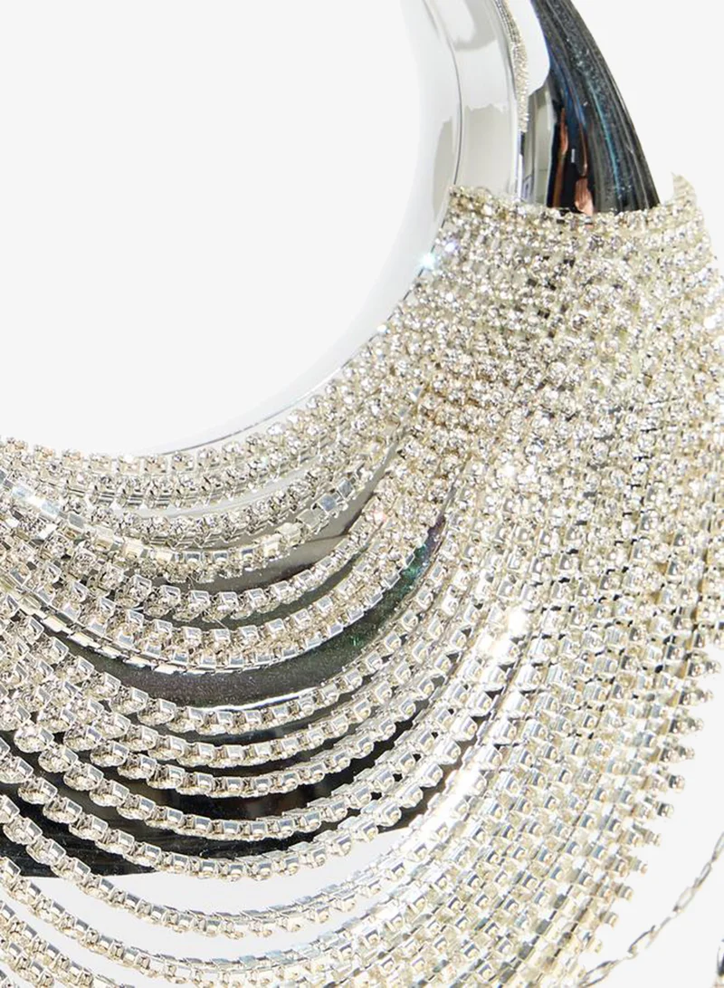 Styli  Sparkling Silver Rhinestone Fringe Clutch Bag for Women | Best Price UAE