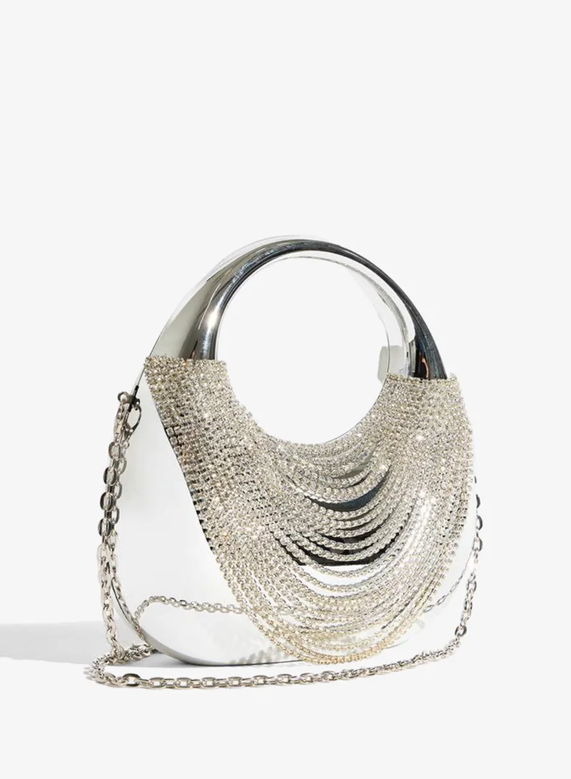 Sparkling Silver Rhinestone Fringe Clutch Bag