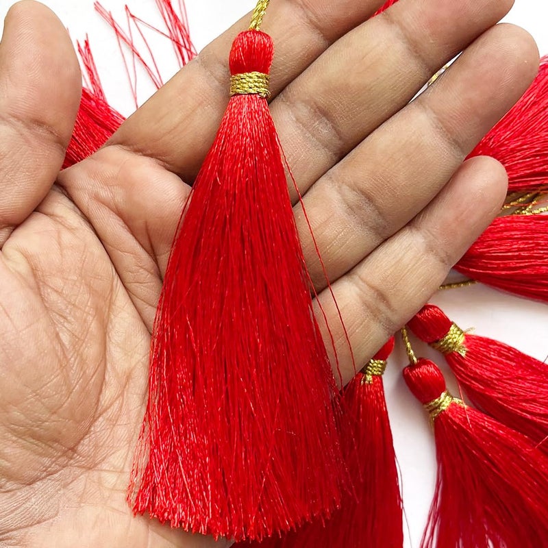 Adikala 50/100 Pcs Silk Craft Tassels | 10CM Handmade Tassel with 3 Inch Zari Loop for Jewelry Making, Bookmarks, DIY Art & Craft | Ideal for Saree Pallu (50, Red) - Image 3