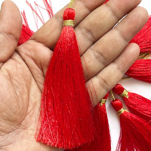Adikala 50/100 Pcs Silk Craft Tassels | 10CM Handmade Tassel with 3 Inch Zari Loop for Jewelry Making, Bookmarks, DIY Art & Craft | Ideal for Saree Pallu (50, Red) - Image 1