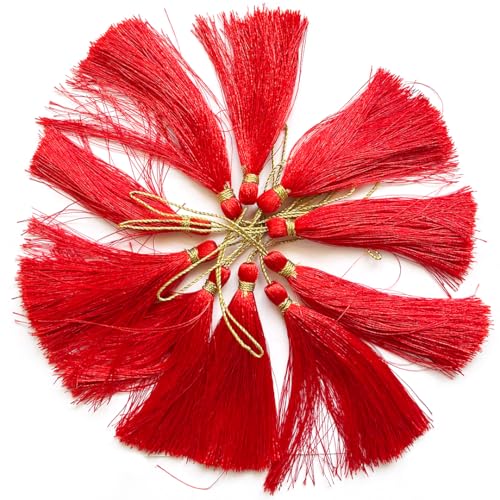 Adikala 50/100 Pcs Silk Craft Tassels | 10CM Handmade Tassel with 3 Inch Zari Loop for Jewelry Making, Bookmarks, DIY Art & Craft | Ideal for Saree Pallu (50, Red) - Image 2