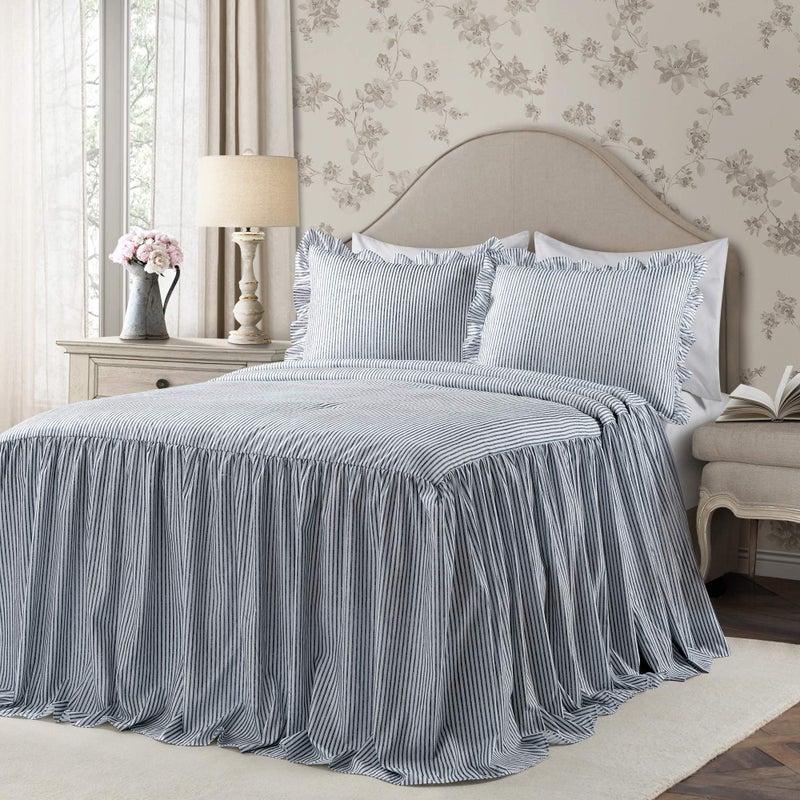 Lush Decor Lush Decor Lush Dcor Ticking Stripe Bedspread Navy Vintage Chic Farmhouse Style Lightweight 3 Piece Set King 