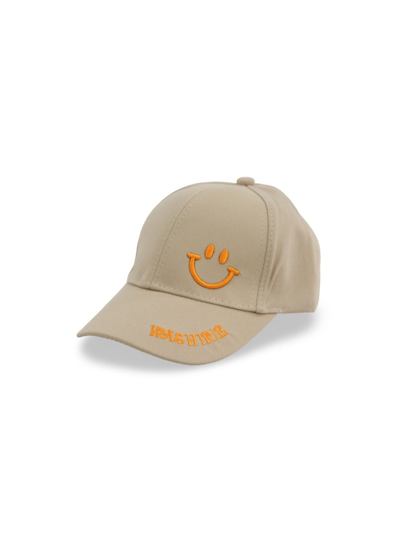 Fancy Unisex Cotton Cap –  Beige with Smile Design - Image 1