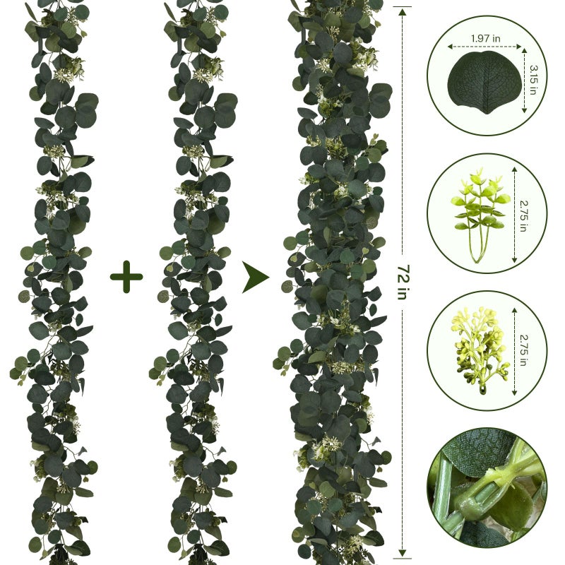 DEYIXUN 2Pcs 6FT Eucalyptus Garland, Green Garland with Flowers,Artificial Faux Greenery Vines for centerpieces Wedding Party Table Runner Room Home Mantle Decor - Image 2