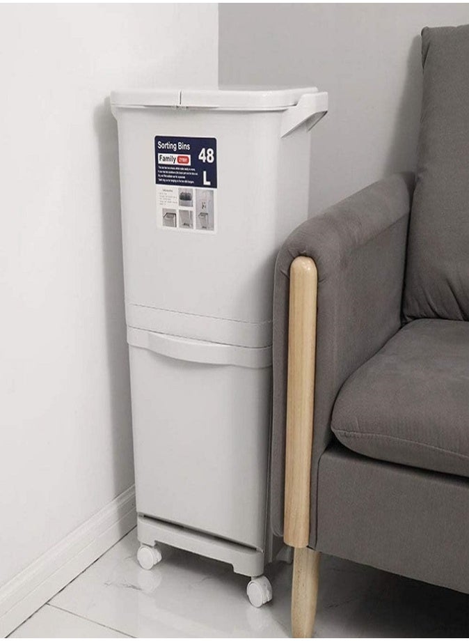 ليفي سلة مهملات قابلة لإعادة التدوير بسعة 48 لترًا، ذات حجرة مزدوجة، مزودة بعجلات وغطاء، وفصل عمودي للنفايات الجافة والرطبة، وسلّة نفايات كبيرة الحجم بتصميم قابل للإمالة للمطبخ والمنزل والمكتب - Image 2