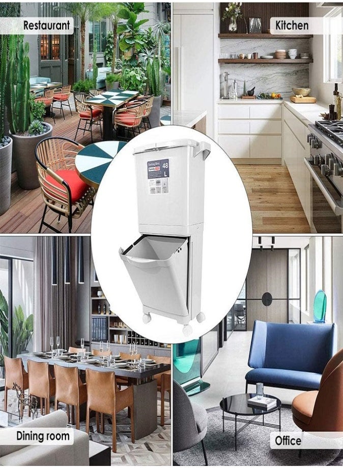 ليفي سلة مهملات قابلة لإعادة التدوير بسعة 48 لترًا، ذات حجرة مزدوجة، مزودة بعجلات وغطاء، وفصل عمودي للنفايات الجافة والرطبة، وسلّة نفايات كبيرة الحجم بتصميم قابل للإمالة للمطبخ والمنزل والمكتب - Image 3