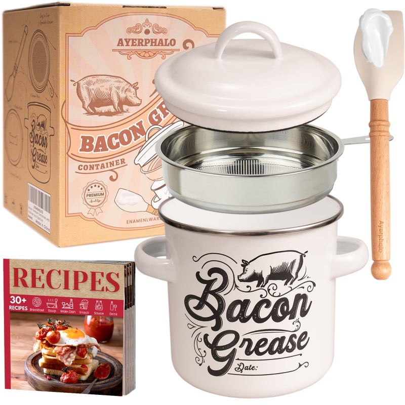 Ayerphalo Bacon Grease Container with Strainer - 46OZ Large Capacity, With Silicone Wooden Spatula, Enamel Bacon Grease Keeper for Bacon Drippings, Farmhouse Kitchen Decor, Dishwasher Safe - Image 1