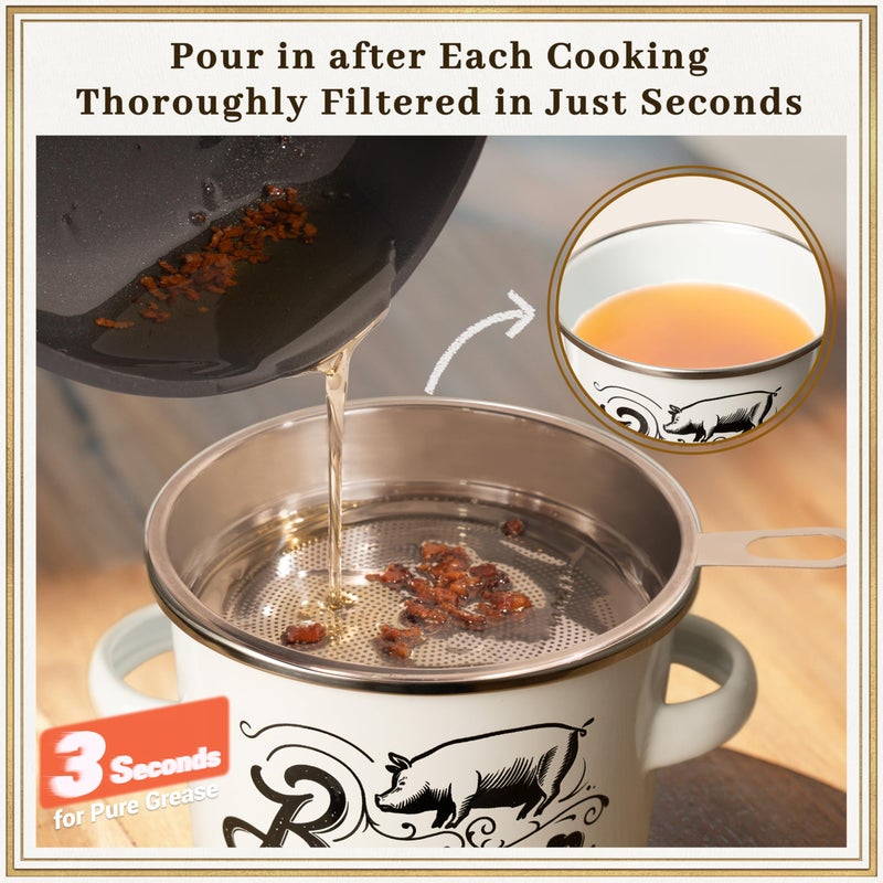 Ayerphalo Bacon Grease Container with Strainer - 46OZ Large Capacity, With Silicone Wooden Spatula, Enamel Bacon Grease Keeper for Bacon Drippings, Farmhouse Kitchen Decor, Dishwasher Safe - Image 4