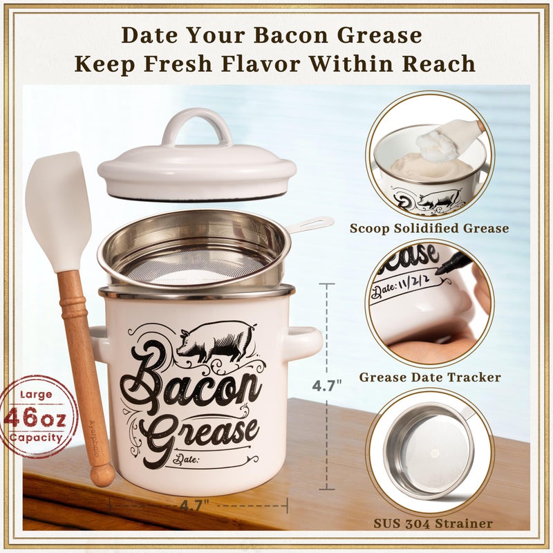 Ayerphalo Bacon Grease Container with Strainer - 46OZ Large Capacity, With Silicone Wooden Spatula, Enamel Bacon Grease Keeper for Bacon Drippings, Farmhouse Kitchen Decor, Dishwasher Safe - Image 3