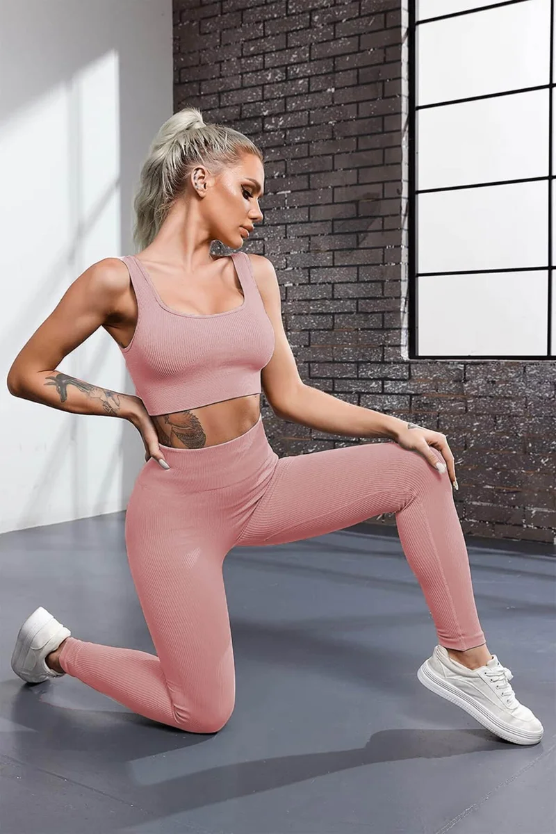 هيبسين راكيب Rival to All, Flexible Ribbed Sports Tights and Wide Strap Padded Bustier Set - Women's High Waist Combination