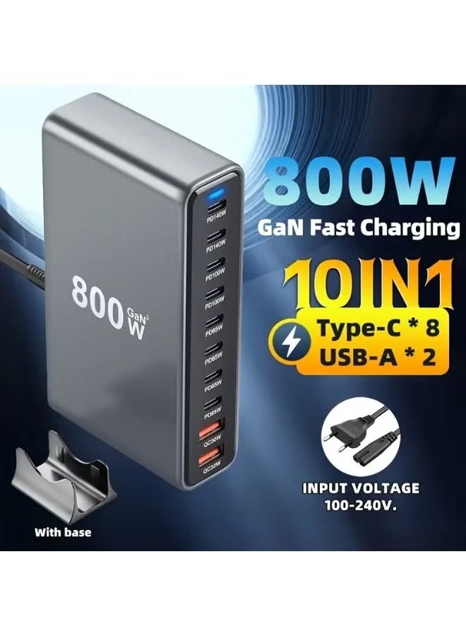 ATECH 800W USB A&USB C Charging Station,8 Type-C Ports【2×140W, 2×100W, 4×65W 】 2 USB Ports QC30W Charge Charging Station Type-C hub, GaN Technology, Fast Charge Wall Plug with 1.5m Power Cord Gray - Image 2