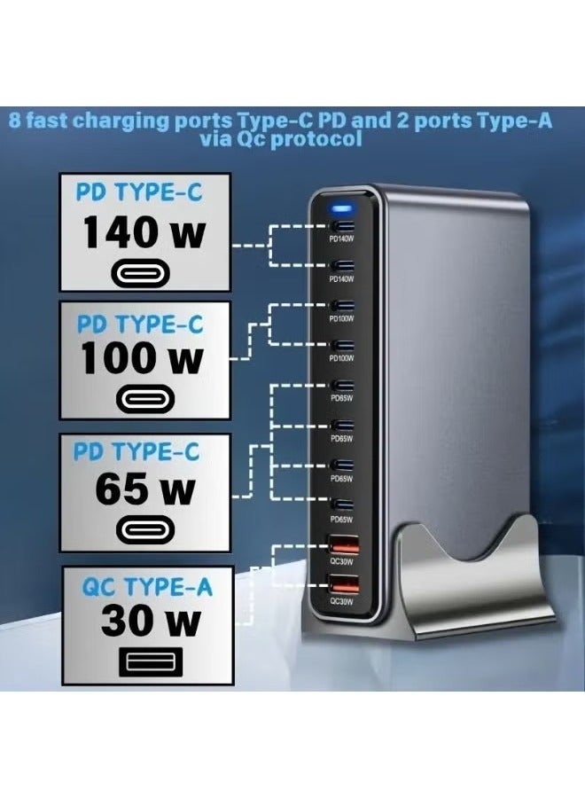 ATECH 800W USB A&USB C Charging Station,8 Type-C Ports【2×140W, 2×100W, 4×65W 】 2 USB Ports QC30W Charge Charging Station Type-C hub, GaN Technology, Fast Charge Wall Plug with 1.5m Power Cord Gray - Image 3