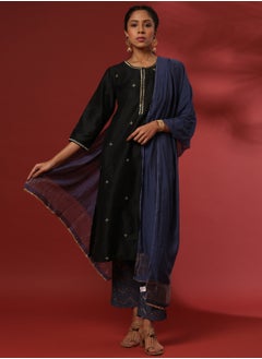 Abhishti Zari embroidered 3pc kurta set with contrast color pant and dupatta- black  - Image 1