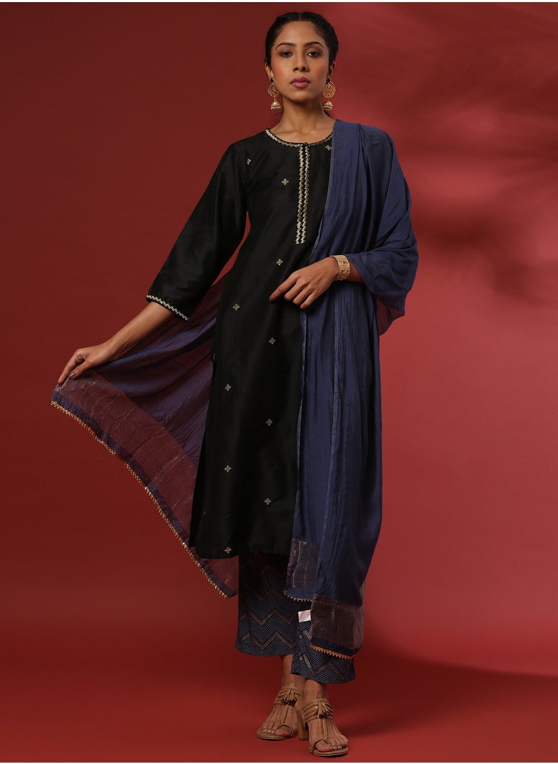 Abhishti - Zari embroidered 3pc kurta set with contrast color pant and dupatta- black - Image 1