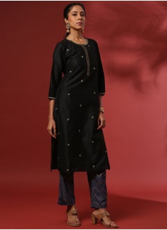 Abhishti Zari embroidered 3pc kurta set with contrast color pant and dupatta- black  - Image 3