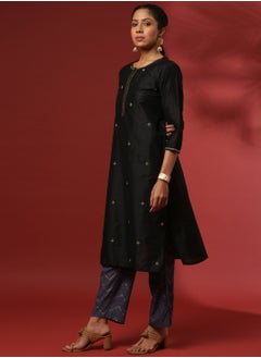 Abhishti Zari embroidered 3pc kurta set with contrast color pant and dupatta- black  - Image 2