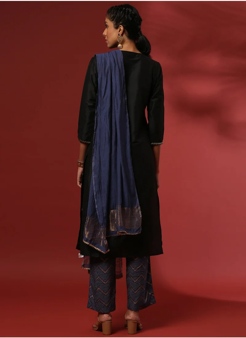 Abhishti Zari embroidered 3pc kurta set with contrast color pant and dupatta- black