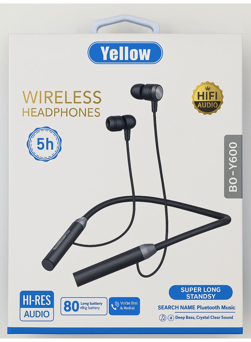 Yellow BO-Y600 Wireless Headphones – HiFi Audio, Long Battery Life, Neckband Style - Image 2