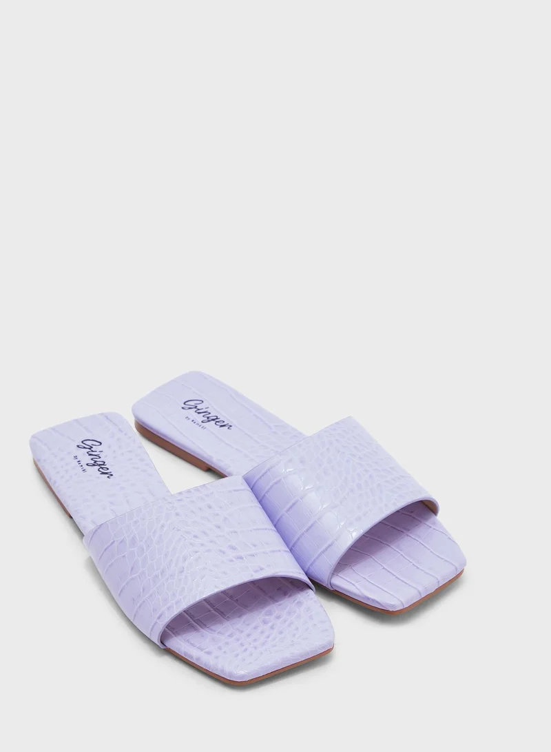 Ginger Croc Effect Square Toe Flat Sandal