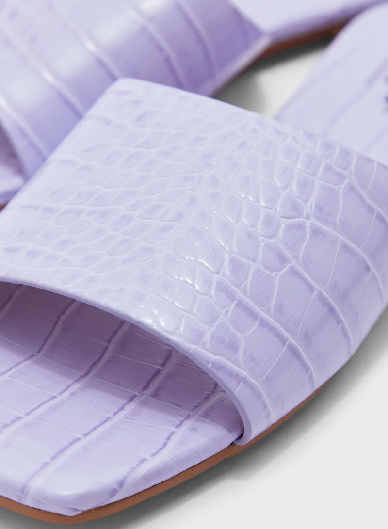 Ginger Croc Effect Square Toe Flat Sandal