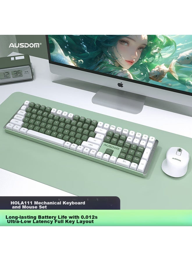 AUSDOM Asdun Hola111 Wireless Mechanical Keyboard And Mouse Set For Office And Gaming, 2.4g, For Desktop And Laptop, High-end Mechanical Keyboard And Mouse Combo For Women, Green - Image 1