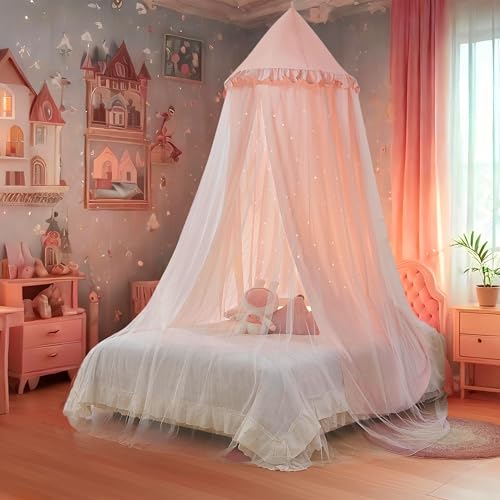 Eimilaly Princess Bed Canopy for Girls, Double Layer Canopy with Cutout Stars, Breathable Dream Canopy & Washable Pink Fabric, Fits Twin/Full Bed - Fairy Bed Tent for Kids Room Decor, Pink - Image 2