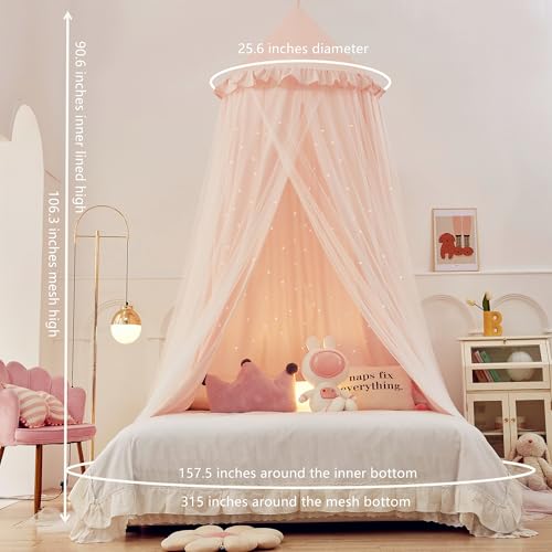Eimilaly Princess Bed Canopy for Girls, Double Layer Canopy with Cutout Stars, Breathable Dream Canopy & Washable Pink Fabric, Fits Twin/Full Bed - Fairy Bed Tent for Kids Room Decor, Pink - Image 4
