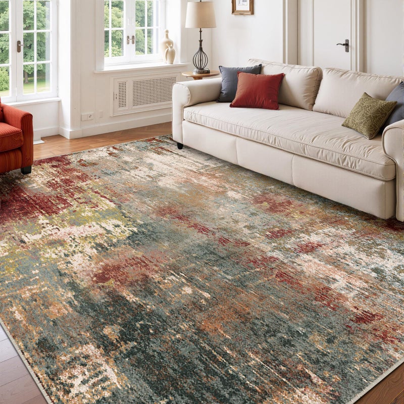 RELEANY Washable Area Rugs 6x9 NonSlip Modern Abstract Soft for Living Room Entryway Bedroom Nursery Print Pattern Brown Rust Red Green Blue Multi - Image 2