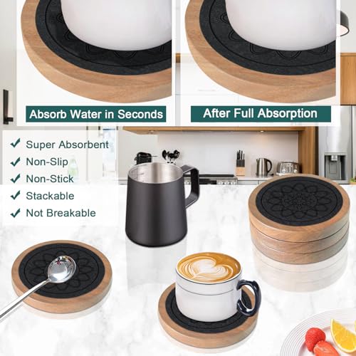 Minacun Wood Coasters for Drinks, Minacun Absorbent Coaster Sets of 5, Drinks Coasters for Coffee Tabletop Protection, Non-Slip, Non-Stick, Suitable for Kinds of Cups Wooden Table Drink, 4.3 Inches Black - Image 2