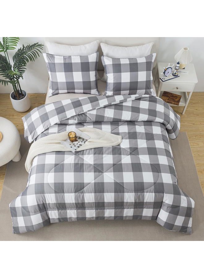 Caressma Plaid Comforter Set Twin, White Gray Buffalo Check Plaid Comforter Bedding Set for All Seasons, Farmhouse Classic Gingham Pattern Print Soft Microfiber Comforter 2 Pieces - Image 3